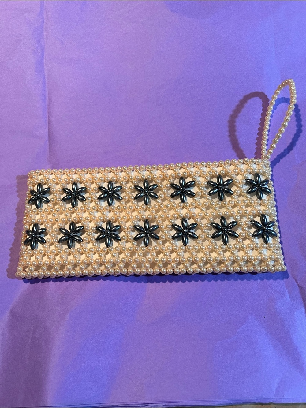 Pearl Beaded Floral Wristlet Clutch in Cream - Picture 4 of 4